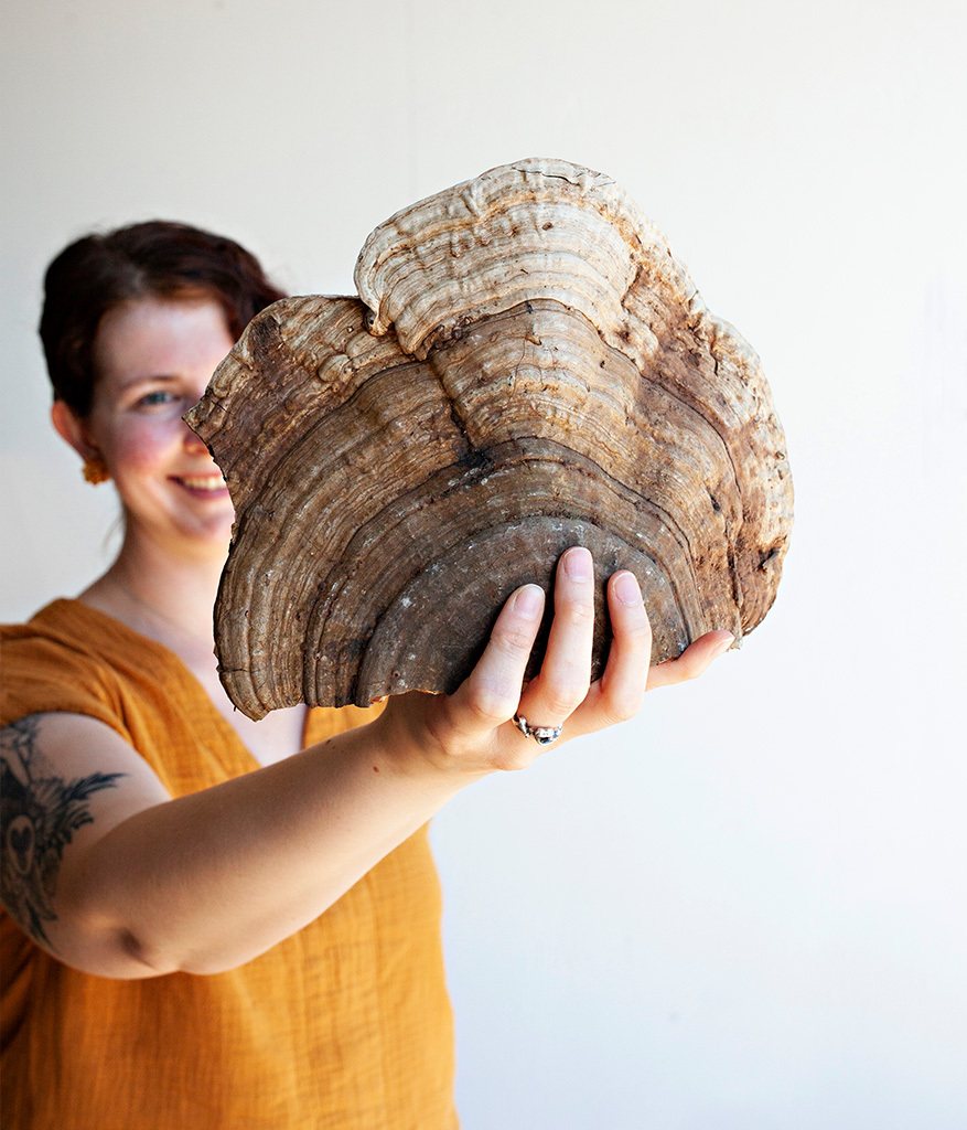 Holding a large Turkey Tail mushroom